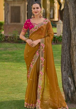 Picture of Sightly Silk & Organza Saddle Brown Saree