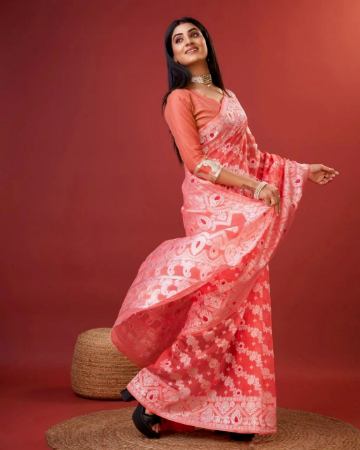 Picture of Delightful Cotton Coral Saree