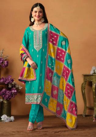 Picture of Chiffon & Silk Dark Cyan Straight Cut Salwar Kameez