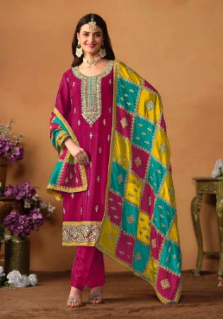 Picture of Chiffon & Silk Medium Violet Red Straight Cut Salwar Kameez