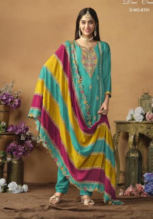 Picture of Excellent Silk Dark Cyan Straight Cut Salwar Kameez