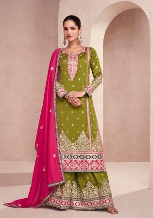 Picture of Elegant Silk Olive Drab Straight Cut Salwar Kameez