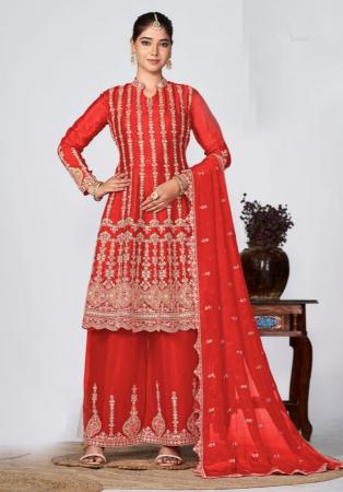 Picture of Chiffon Fire Brick Straight Cut Salwar Kameez