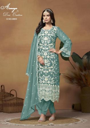 Picture of Organza Cadet Blue Straight Cut Salwar Kameez