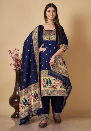 Picture of Enticing Silk Navy Blue Straight Cut Salwar Kameez