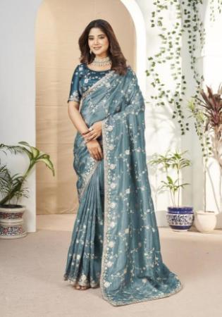 Picture of Stunning Net & Silk Light Slate Grey Saree