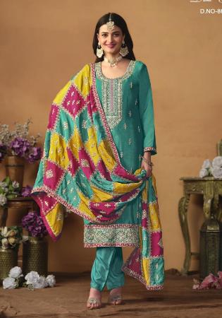 Picture of Chiffon & Silk Teal Straight Cut Salwar Kameez