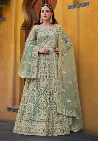 Picture of Delightful Net Dark Sea Green Anarkali Salwar Kameez