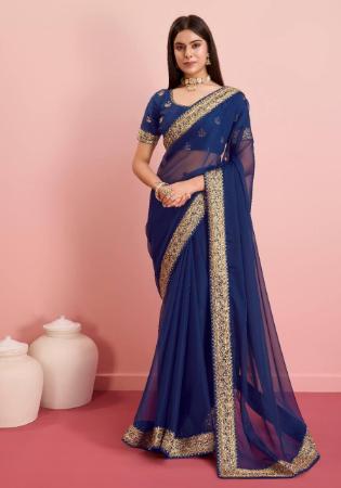 Picture of Fine Silk & Organza Midnight Blue Saree