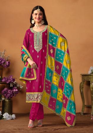 Picture of Chiffon & Silk Medium Violet Red Straight Cut Salwar Kameez