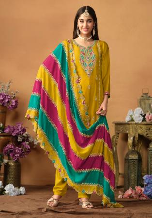 Picture of Chiffon & Silk Golden Rod Straight Cut Salwar Kameez