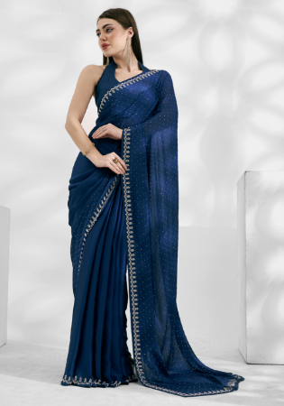 Picture of Well Formed Chiffon & Georgette Midnight Blue Saree