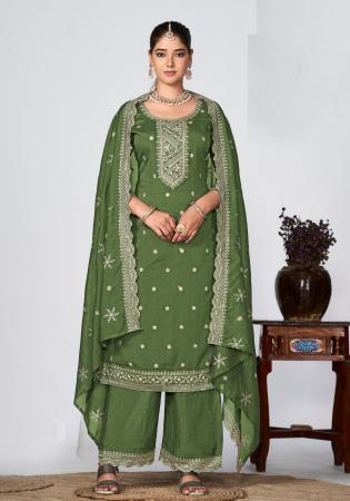 Picture of Chiffon Dark Olive Green Straight Cut Salwar Kameez