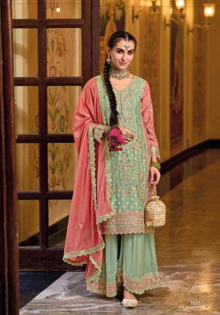 Picture of Chiffon Dark Sea Green Straight Cut Salwar Kameez