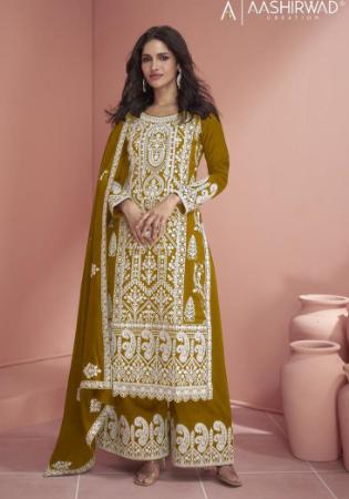 Picture of Georgette Dark Golden Rod Straight Cut Salwar Kameez