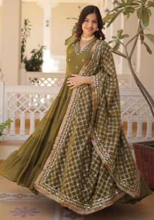 Picture of Comely Georgette Dark Olive Green Readymade Gown