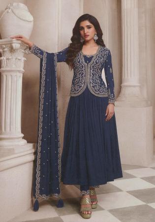 Picture of Chiffon Steel Blue Straight Cut Salwar Kameez