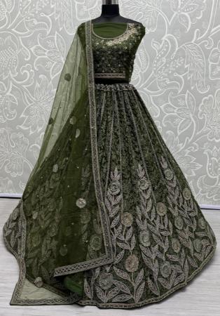 Picture of Fascinating Net Dark Olive Green Lehenga Choli