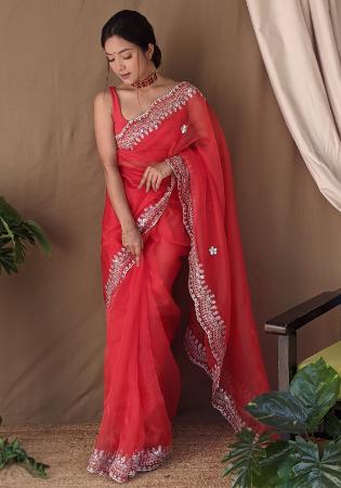 Picture of Beautiful Organza Fire Brick Saree