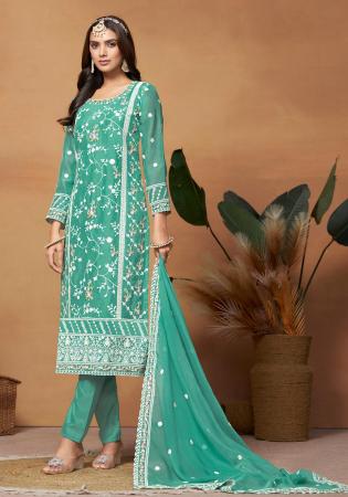 Picture of Organza Cadet Blue Straight Cut Salwar Kameez