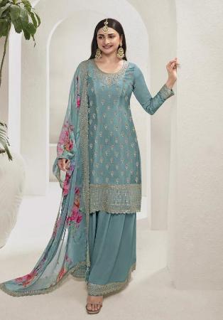 Picture of Chiffon Cadet Blue Straight Cut Salwar Kameez