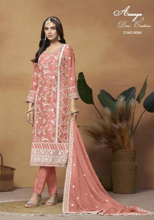 Picture of Organza Dark Salmon Straight Cut Salwar Kameez