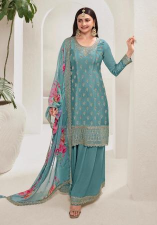 Picture of Chiffon Cadet Blue Straight Cut Salwar Kameez