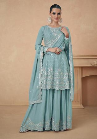 Picture of Chiffon Cadet Blue Straight Cut Salwar Kameez