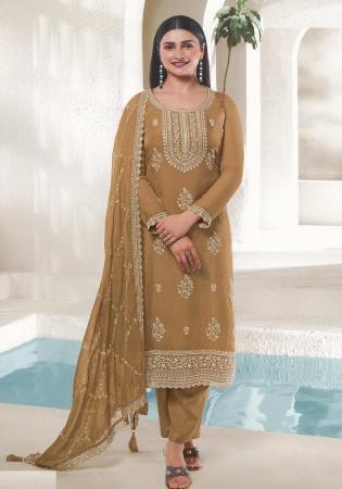 Picture of Organza Dark Khaki Straight Cut Salwar Kameez