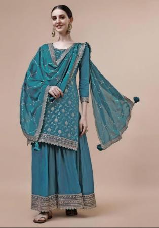 Picture of Wonderful Chiffon Teal Straight Cut Salwar Kameez