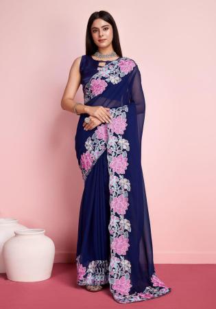 Picture of Magnificent Georgette Navy Blue Saree