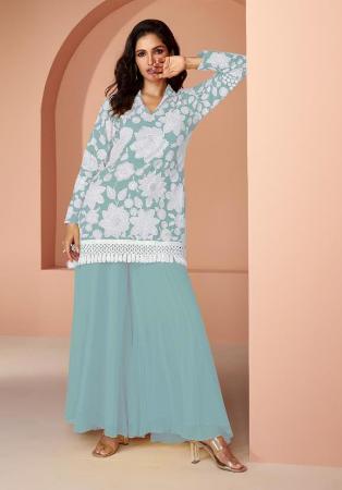 Picture of Georgette Cadet Blue Straight Cut Salwar Kameez