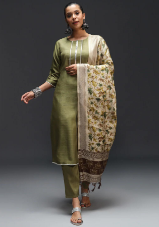 Picture of Cotton & Silk Dark Olive Green Readymade Salwar Kameez