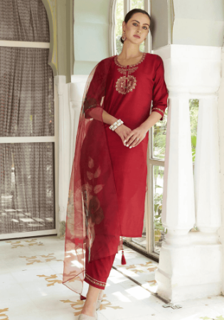 Picture of Cotton & Silk Maroon Readymade Salwar Kameez