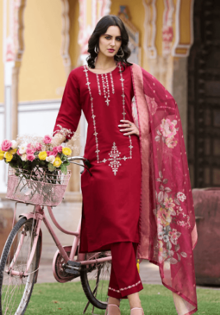 Picture of Cotton & Silk Maroon Readymade Salwar Kameez