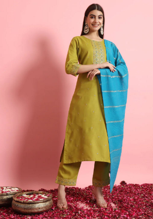 Picture of Cotton & Silk Dark Khaki Readymade Salwar Kameez