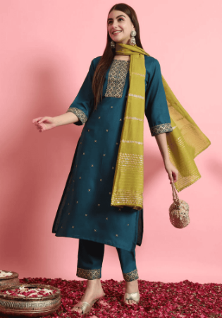 Picture of Cotton & Silk Dark Slate Grey Readymade Salwar Kameez