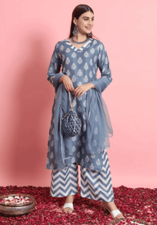 Picture of Cotton & Silk Light Slate Grey Readymade Salwar Kameez