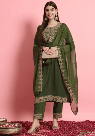 Picture of Cotton & Silk Dark Olive Green Readymade Salwar Kameez