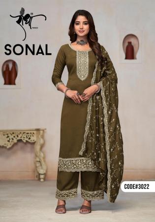 Picture of Chiffon Dark Olive Green Straight Cut Salwar Kameez