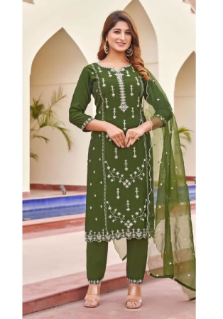 Picture of Silk Dark Olive Green Readymade Salwar Kameez