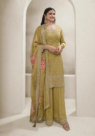 Picture of Chiffon Dark Khaki Straight Cut Salwar Kameez