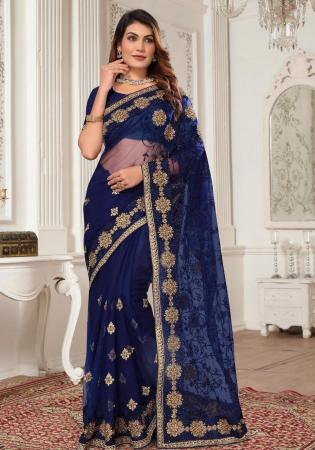 Picture of Stunning Net & Silk Midnight Blue Saree