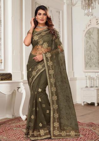 Picture of Exquisite Net & Silk Dark Olive Green Saree