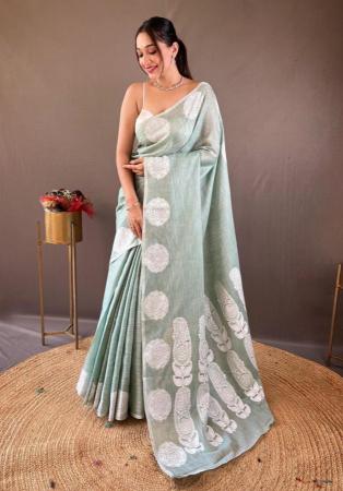 Picture of Fine Linen Dark Sea Green Saree