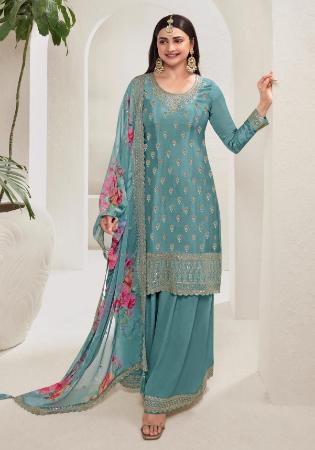 Picture of Sightly Chiffon Sea Green Straight Cut Salwar Kameez