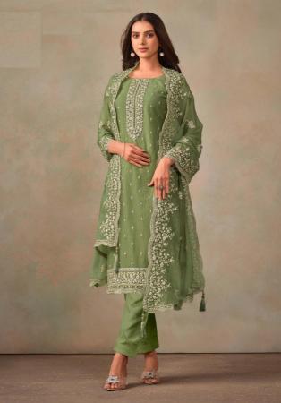 Picture of Organza Dark Olive Green Straight Cut Salwar Kameez