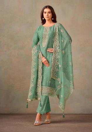 Picture of Organza Dark Sea Green Straight Cut Salwar Kameez