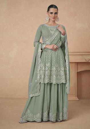 Picture of Chiffon Dark Sea Green Straight Cut Salwar Kameez