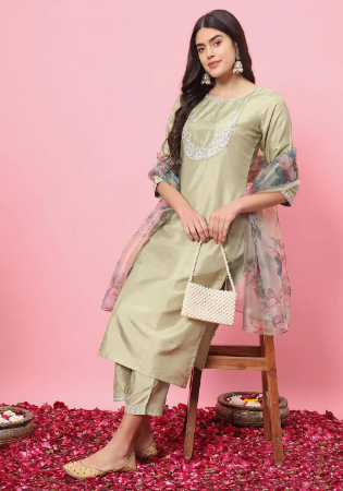 Picture of Fine Silk Tan Readymade Salwar Kameez